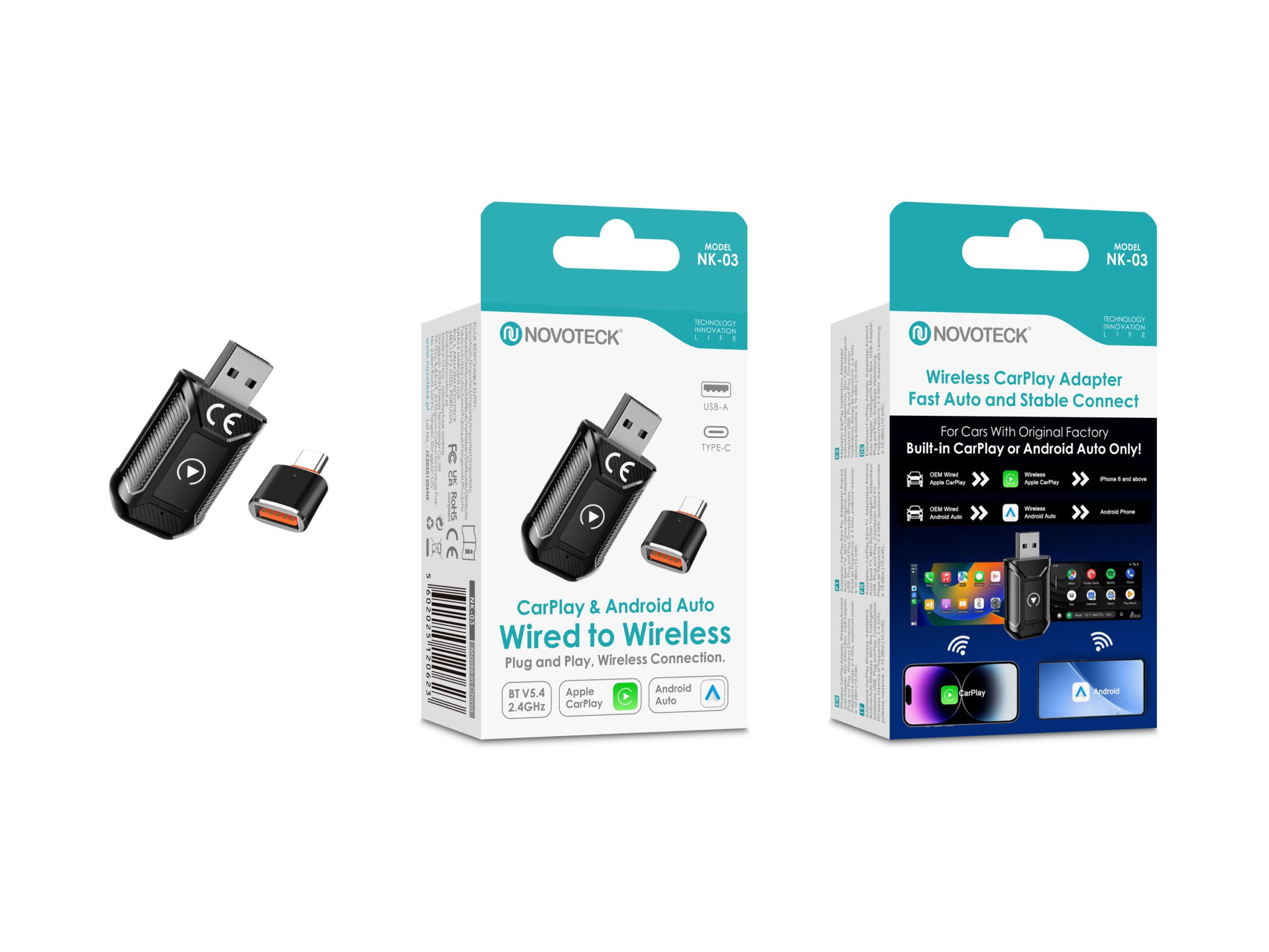 Adaptador Sem Fios NOVOTECK NK - 03 para CarPlay e Android Auto, USB - A + Adaptador USB - C, Plug & Play para Carros Compatíveis