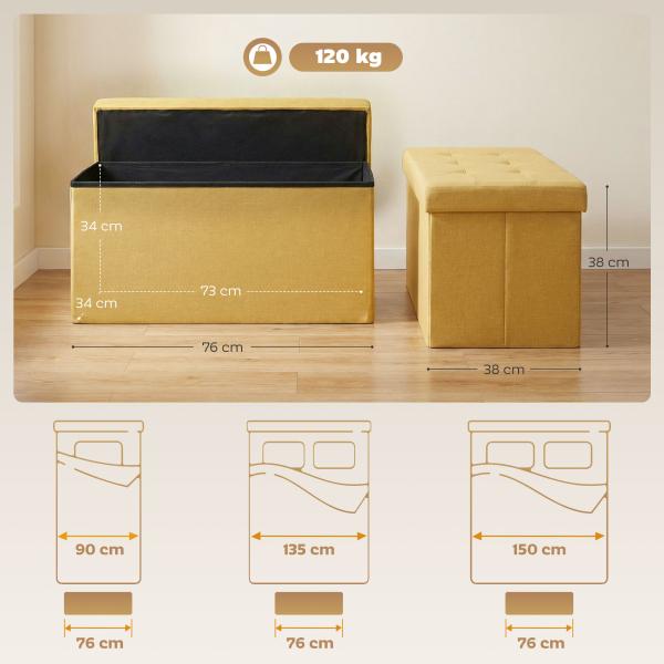 Puff de Arrumação Banco de Arrumação Dobrável 84 L 76x38x38 cm Estofado em Linho Sintético Amarelo