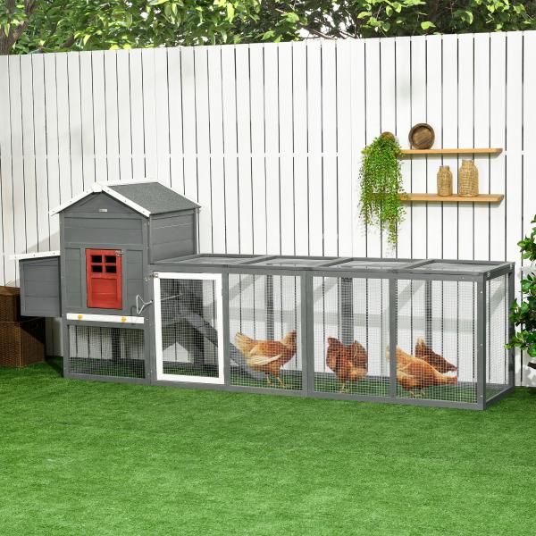 Galinheiro Grande de Madeira 300x66x116 cm com Ninho, Corredor Bandeja Removível Telhado Asfáltico Rampa 297,5x68x118 cm Branco e Cinza