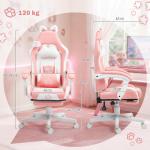 Cadeira Gaming com Orelhas Cadeira Gamer Reclinável com Altura Ajustável e Suporte Lombar 65x62x116 - 124 cm Rosa e Branco