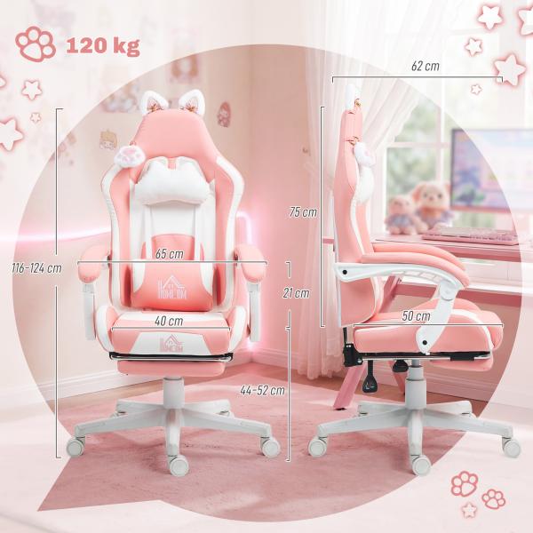 Cadeira Gaming com Orelhas Cadeira Gamer Reclinável com Altura Ajustável e Suporte Lombar 65x62x116 - 124 cm Rosa e Branco