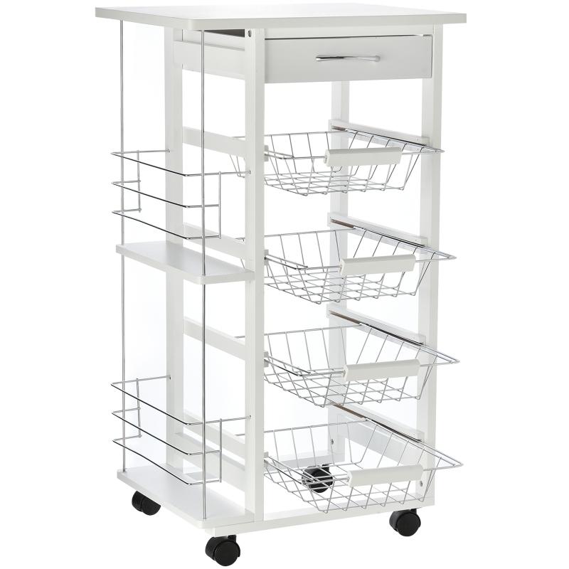 Carrinho de cozinha de 5 níveis com gaveta Cestas Rodas 47x37x83 Branco