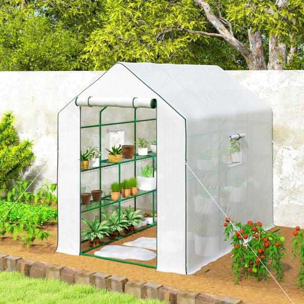 Estufa de Jardim de 3 Níveis com 12 Prateleiras Porta Enrolável Janelas Anti - UV Cobertura de PE 140x213x190 cm Branco