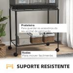 Gaiola Dupla e Empilhável para Pássaros 77x46x164 cm com Rodas Poleiros Bandeja Amovível Comedouros Baloiço e Escada Preto