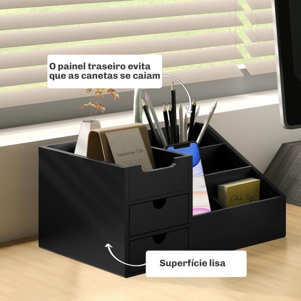 Organizador para Secretária de Bambu Organizador de Mesa de Escritório Multifuncional 33x20,5x15,5 cm Preto