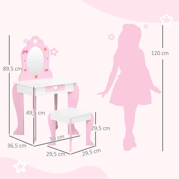 Toucador Infantil de Madeira com Banco Espelho e Gaveta Mesa de Maquilhagem para Crianças entre 3 - 6 Anos 50x36,5x89,5cm Rosa