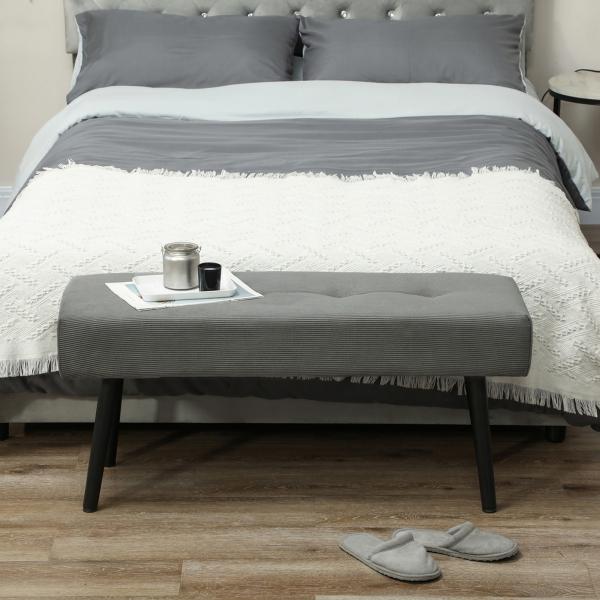 Banco de Pé de Cama Estofado em Bombazina com Assento Acolchoado, Design Capitoné e Pés de Aço para Quarto, Cinzento