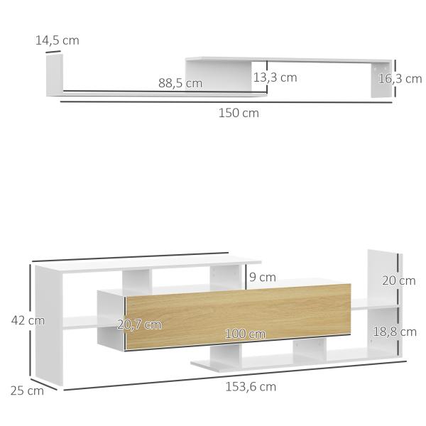 Móvel de TV Moderno Móvel para Televisores 153,6x25x42cm e Prateleira de Parede 150x14,5x16,3cm Branco e Madeira