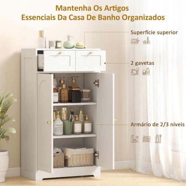 Armário de Casa de Banho Estreito com 2 Gavetas Prateleira Aberta e Porta com Painel Arqueado 60x30x108 cm Branco Texturizado