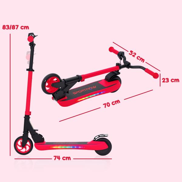 Trotinete Elétrica Dobrável para Crianças 120 W Autonomia 6 km e Máximo 10 km/h com Travão Luzes LED 74x52x83 - 87 cm Vermelho