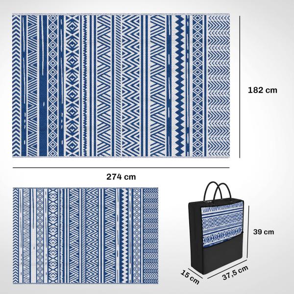Tapete de Exterior 182x274 cm Tapete Reversível Estilo Moderno para Varanda Pátio Campismo Praia Azul Escuro e Branco