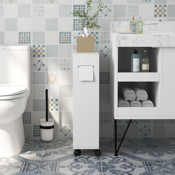 Armário Auxiliar Casa de Banho com 4 Rodas 2 Compartimentos para Papel Higiénico Armário e Prateleiras Ajustáveis 52x17x67 cm Branco