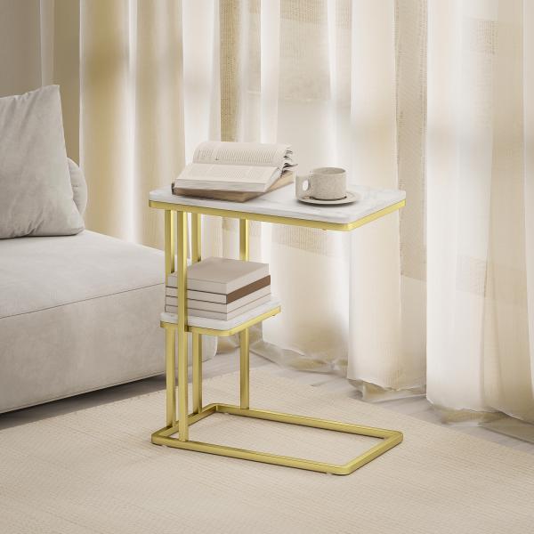 Mesa Auxiliar Estrutura em C Mesa Auxiliar Estreita de 2 Níveis com Prateleira 50x30x57,5 cm Branco Efeito Mármore