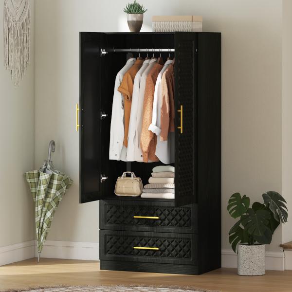 Roupeiro com Espelho 2 Portas e 2 Gavetas Relevo de Diamante Barra para Pendurar Estilo Moderno 80x50x180 cm Preto