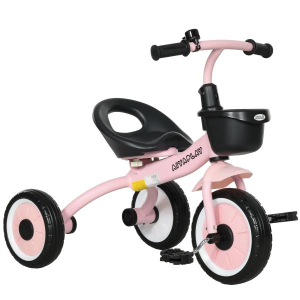 Triciclo para Crianças de 2 a 5 anos com Assento Ajustável Cesta Buzina e Pedais e 3 Rodas 70,5x53x58 cm Rosa