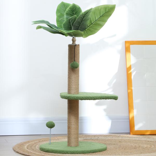 Árvore Arranhadora para Gatos 83 cm com Folhas Artificiais, Poste em Juta, Plataformas em Pelúcia e 2 Brinquedos, Verde
