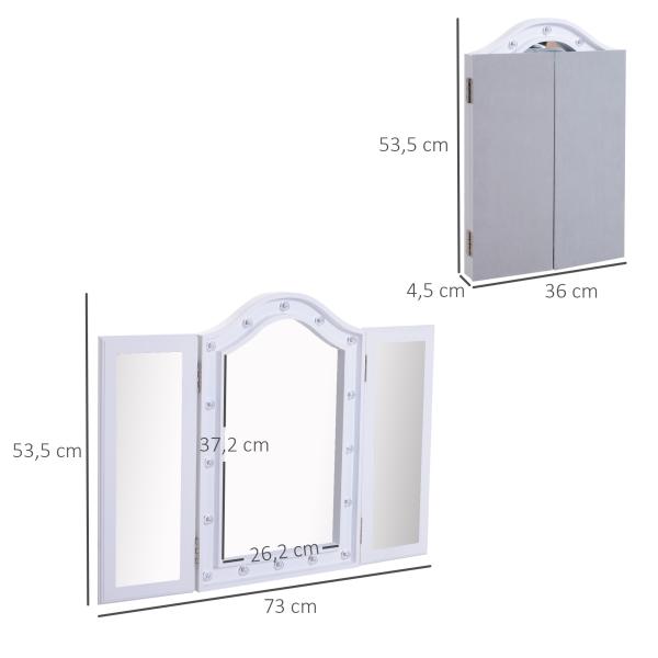 Espelho de Maquilhagem com Luz LED Dobrável Espelho Triplo de Mesa Presente Original para Mulher, 73x53,5x4,5cm