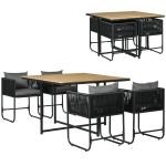 Conjunto de Jardim de Vime Sintético 5 Peças com Mesa Quadrada e 4 Cadeiras Almofadas Preto e Madeira