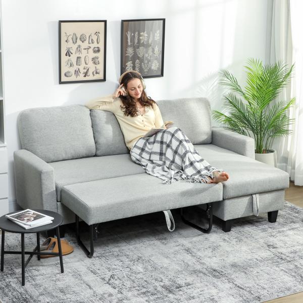 Sofá - Cama Chaise Longue de 3 Lugares Chaise Longue Reversível Ambos Lados com Armazenamento com Capas Removíveis 197x129x85 cm Cinza