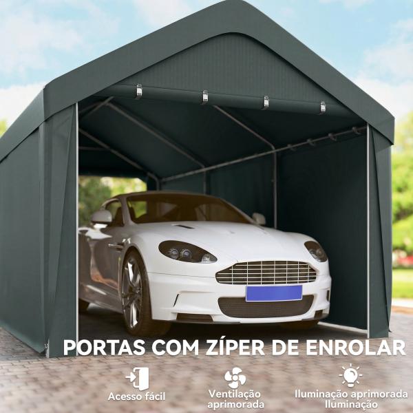 Abrigo de Exterior 590x300x280 cm Garagem de Exterior para Carros Anti UV com Paredes Laterais Desmontáveis e 2 Portas Cinza Escuro