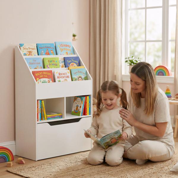 Estante de Madeira para Brinquedos com 3 Compartimentos 2 Cubos e Gaveta Móvel com 4 Rodas Estante para Livros Infantil para Dormitório Infantil Sala de Jogos 60x29,9x90cm Branco