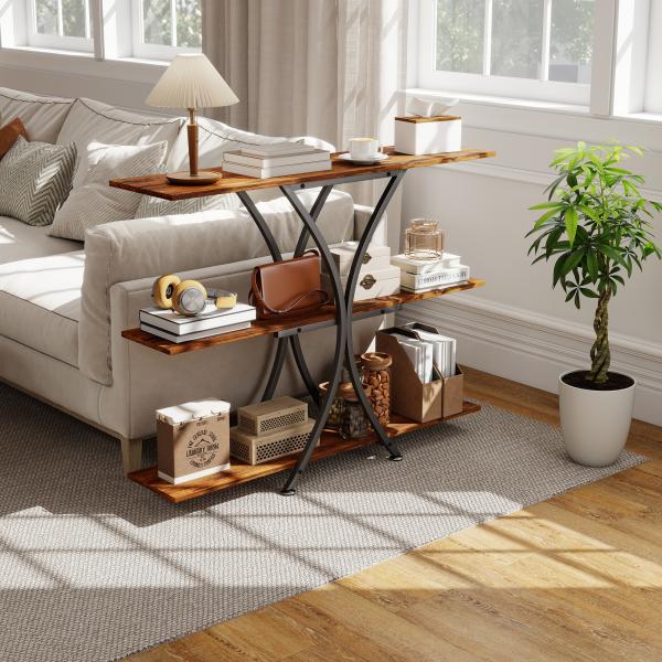 Mesa Consola de 3 Níveis Estilo Industrial com 2 Prateleiras Abertas e Estrutura Metálica em X Consola Estreita 110x30x91 cm Castanho Rústico