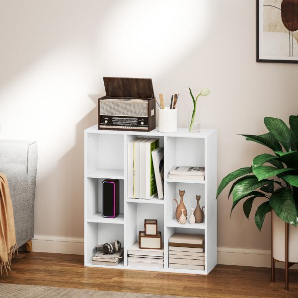 Estante de 3 Níveis Estante para Livros com 8 Compartimentos Desenho Vertical ou Horizontal 74,3x24x80 cm Branco