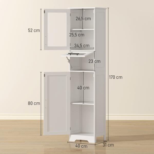 Coluna Casa de Banho com Porta de Vidro Prateleiras Ajustáveis Gaveta para Espaços Pequenos 40x31x170 cm Branco