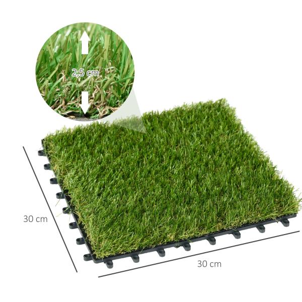 Relva Artificial 30x30cm 10 Peças com Altura de 25mm Alta Densidade 6500 para Exterior Pátio Terraço Verde