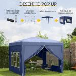 Tenda de Jardim com Paredes Laterais Amovíveis Janelas Porta com Zíper e Bolsa de Transporte 295x295x195 - 258 cm Azul