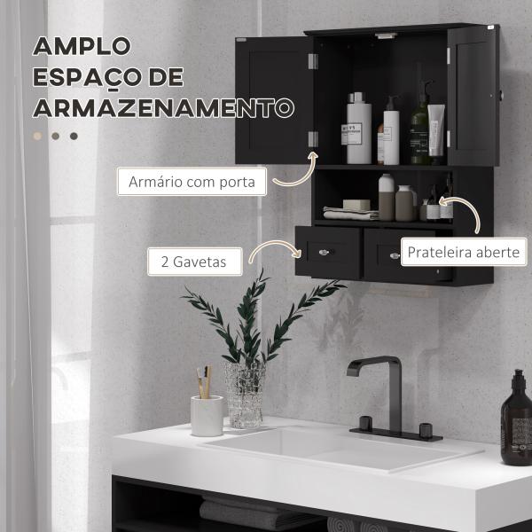 Armário de Parede para Casa de Banho com 2 Portas Prateleira Aberta e 2 Gavetas Estilo Moderno 50,8x17,8x66 cm Preto