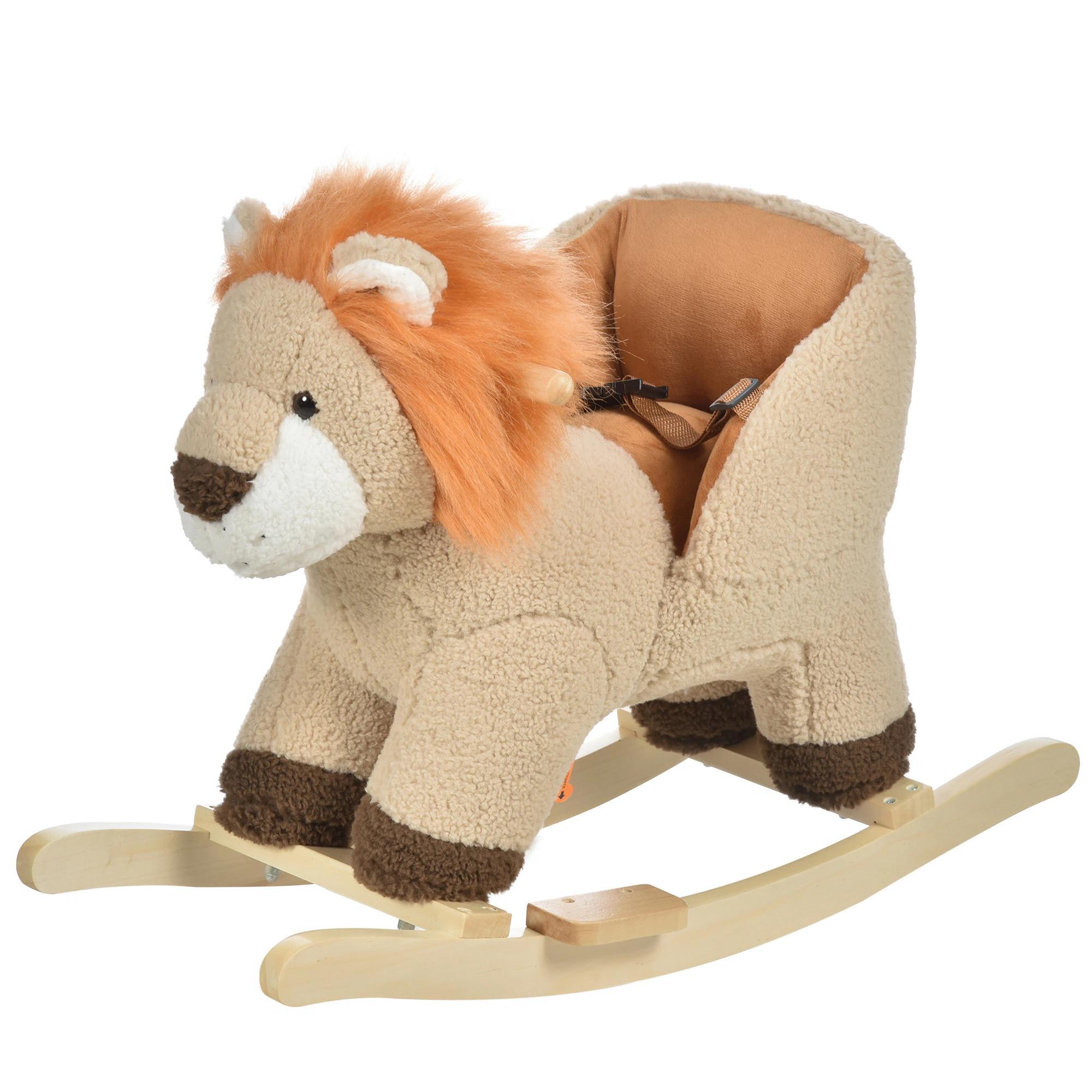 Baloiço Infantil em Forma de Leão de Pelúcia para Bebés 18 - 39 Meses com Som Cinto de Segurança Guidão Apoio para os Pés 68x35x50cm Marrom
