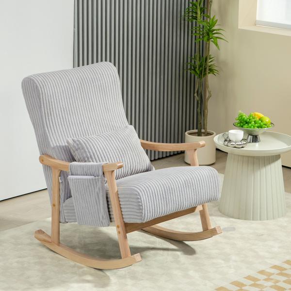 Poltrona Baloiço Moderna em Veludo Cotelê com Apoio para os Braços Almofada Lombar e Bolso Poltrona de Amamentação 65x90x98 cm Cinza