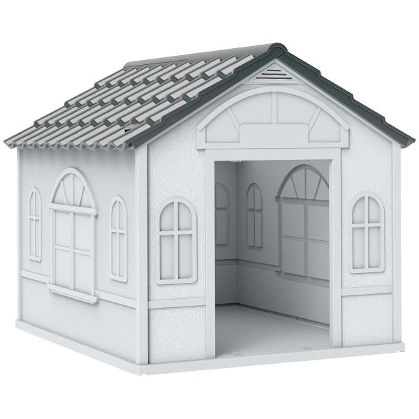 Casa para Cães 65x75,7x63 cm Casa para Cães com Janelas e Teto com Telhas de Imitação para Cães Médios Cinza e Branco