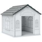 Casa para Cães 65x75,7x63 cm Casa para Cães com Janelas e Teto com Telhas de Imitação para Cães Médios Cinza e Branco