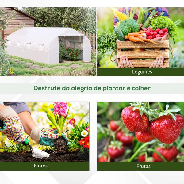 Estufa Tipo Túnel de Jardim 600x300x200cm para Cultivo de Plantas Verduras com 8 Janelas e Porta Enroláveis com Zíper Aço Branco