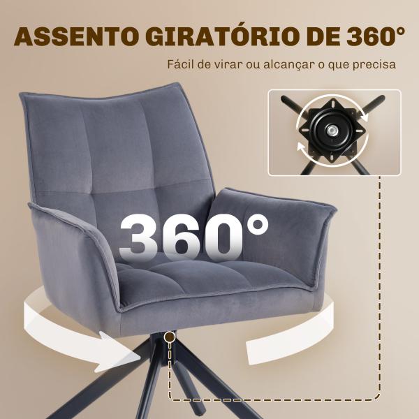 Conjunto de 2 Cadeiras de Refeição Giratórias 360° Estofado Estofamento em Veludo Pés em Aço 63x64x85 cm Cinza