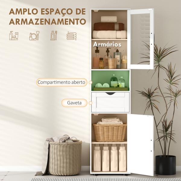 Coluna Casa de Banho com Porta de Vidro Prateleiras Ajustáveis Gaveta e Prateleira Aberta 40x30x165 cm Branco