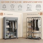 Roupeiro de Tecido Dobrável com 6 Prateleiras 1 Barra de Pendurar e Rodas para Dormitório Vestidor 103x43x162,5 cm Cinza