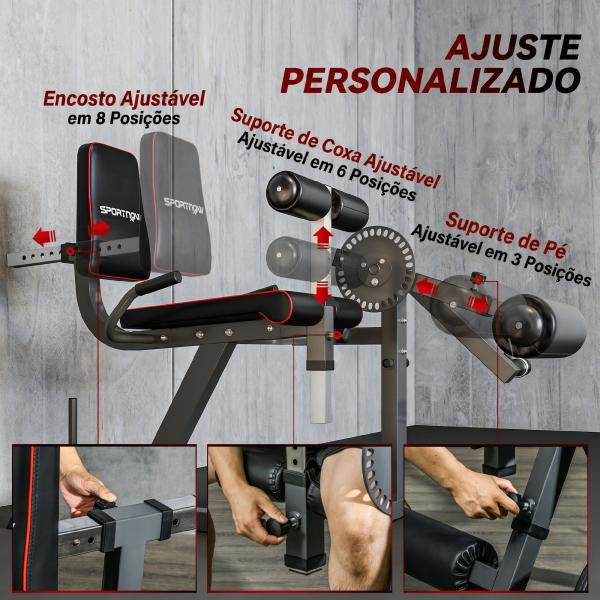 Máquina de Extensão e Flexão de Pernas Ajustável com Carga de Discos para Treino de Glúteos e Coxas em Ginásio