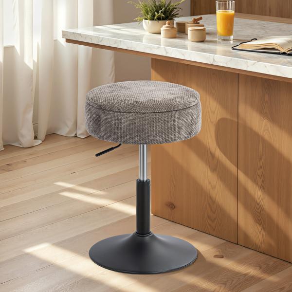 Banco de Bar com Armazenamento Altura Ajustável Giratório Estofado em Chenilla 39x39x49 - 65 cm Cinzento