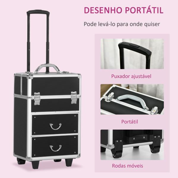 Mala de Maquilhagem Professional com Rodas 6 Gavetas Extensíveis Fechadura 2 Chaves e Alça Retrátil 36x23x58cm Preto