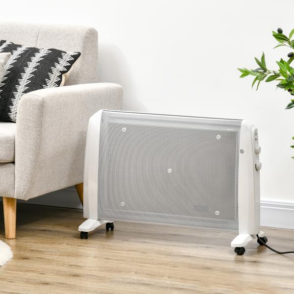 Aquecedor Elétrico 1000W/2000W Aquecedor de Mica com 2 Níveis de Potência e Termostato Regulável 79x27x54 cm Branco