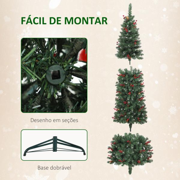 Árvore de Natal Slim 210 cm com Luzes LED 8 Modos de Iluminação 656 Ramos com Purpurina Prateada Pinhas e Bagas Verde
