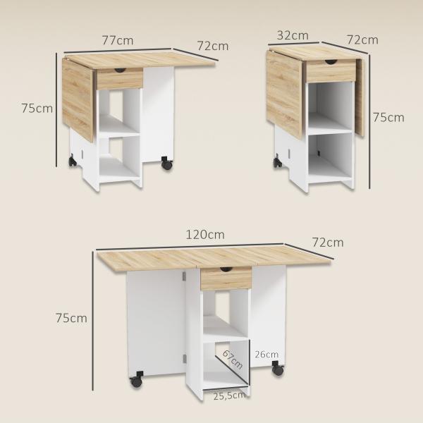 Mesa de Cozinha Dobrável com Rodas Laterais Rebatíveis Gaveta e Prateleiras para 2 - 4 Pessoas 120x72x75 cm Madeira Branco
