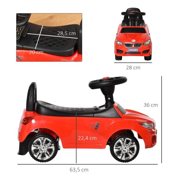 Carro Andador para Crianças de 18 - 36 Meses com Faróis Música Buzina Volante Compartimento de Armazenamento e Alça para Empurrar 63,5x28x36 Vermelho