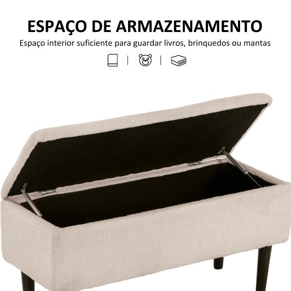 Banco de Armazenamento em Borrego Capacidade 47L Tampa Abatível e Pés de Madeira de Borracha Carga 120 kg 95x38x45 cm Bege