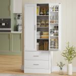 Armário Despenseiro de Cozinha com 2 Portas, 8 Prateleiras na Porta, 2 Gavetas e Prateleiras Ajustáveis, 60x40x159 cm, Branco