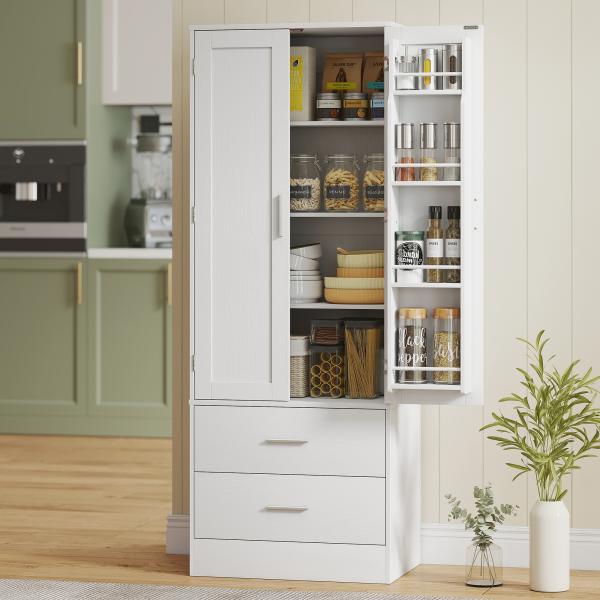 Armário Despenseiro de Cozinha com 2 Portas, 8 Prateleiras na Porta, 2 Gavetas e Prateleiras Ajustáveis, 60x40x159 cm, Branco