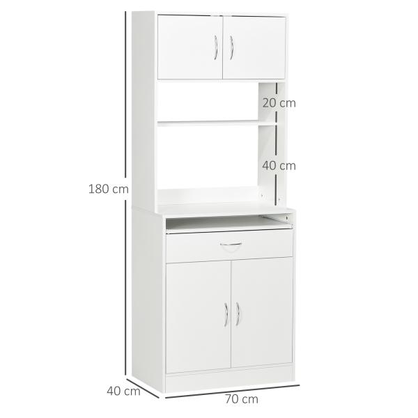 Armário de Cozinha com 4 Portas Bandeja Amovível Prateleira Ajustável Gaveta e Bancada para Micro - Ondas 70x40x180 cm Branco